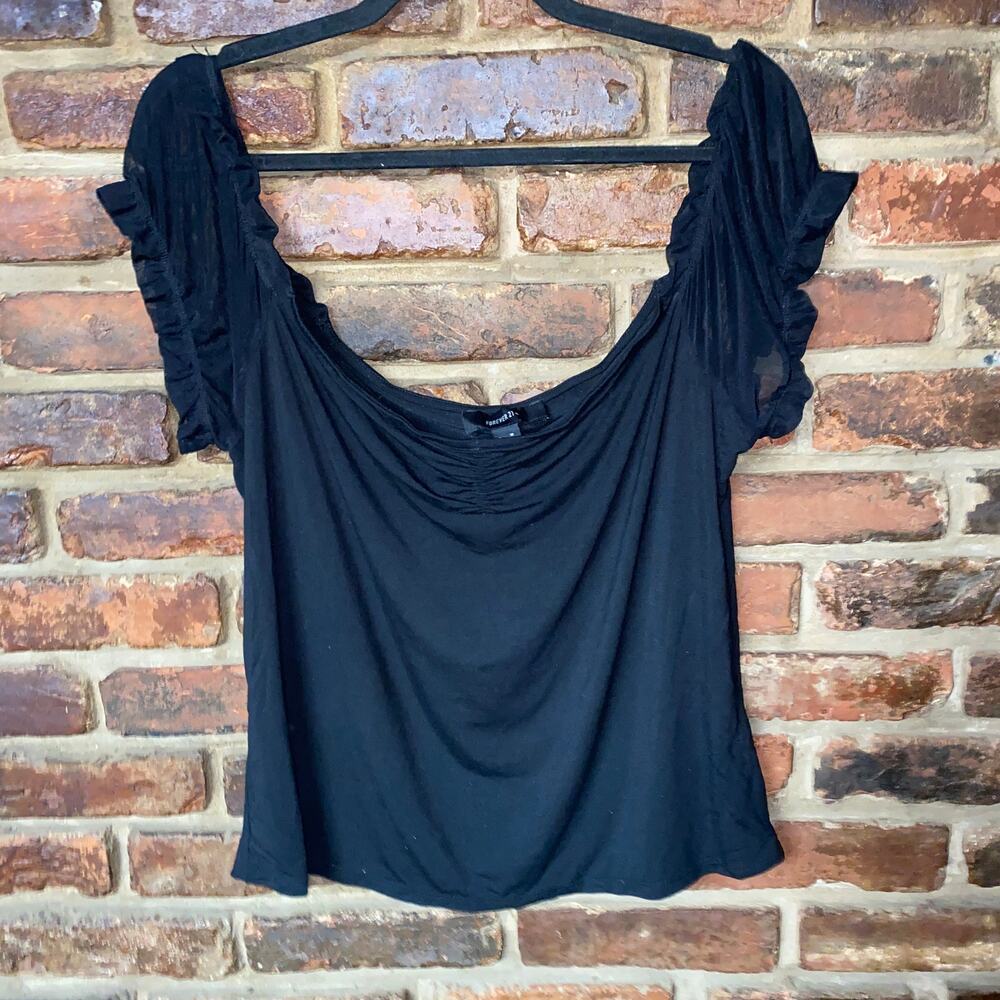 Forever 21 Black Sheer Mesh Short Puff Sleeve Ruched Top Women's Size 1X